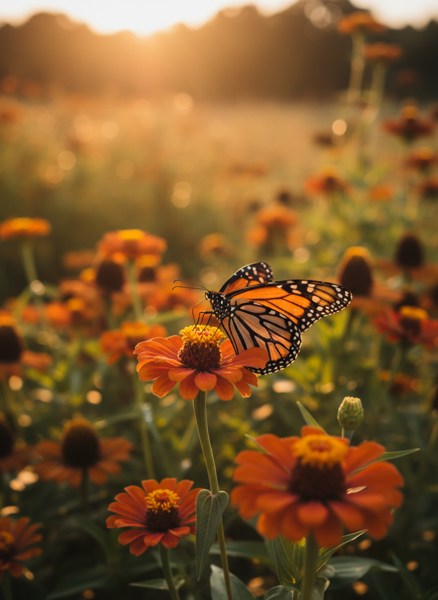 A warm, inviting close-up photograph of a monarch butterfly resting on bright orange and yellow zinnia flowers in a sunlit garden, soft natural golden-hour light, cozy and personal cottage-garden feel, shallow depth of field, warm tones of orange, amber, yellow and green